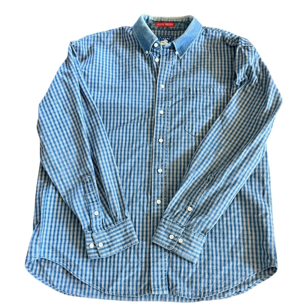Texas Cotton Brand Mens Striped Western Button Up Large Blue Denim Cowboy Shirt